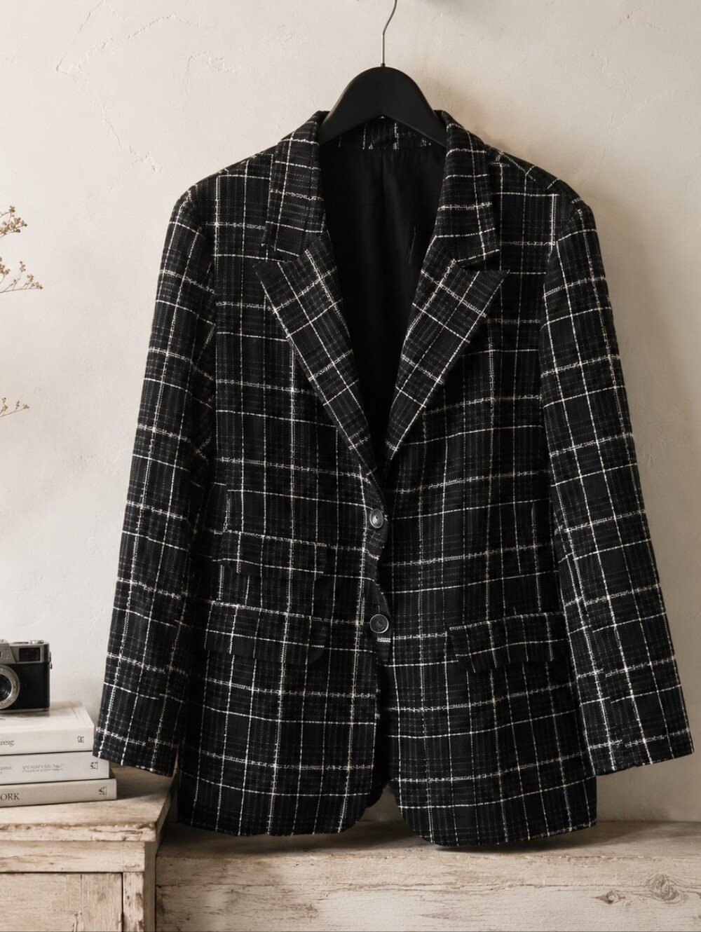 We The Free Oversizrd Black and White Windowpane Blazer Indie Sleeze